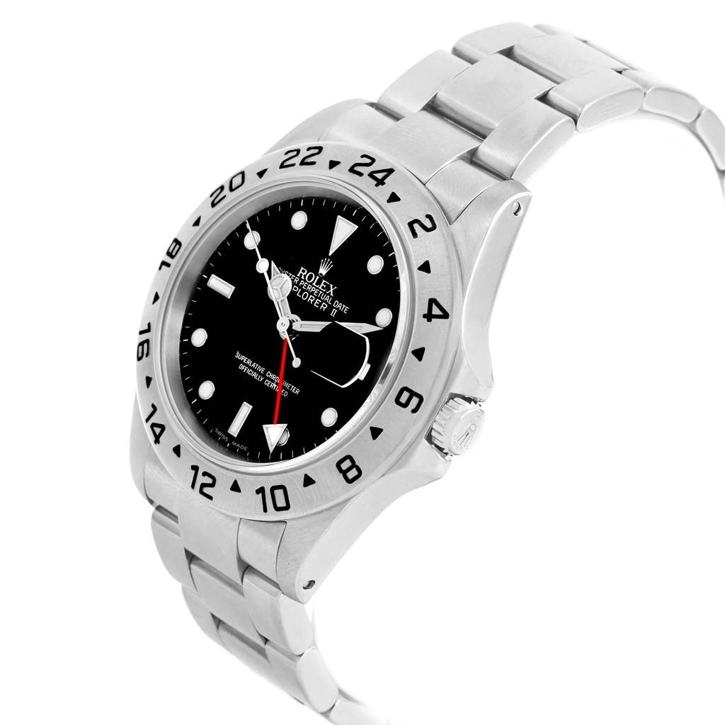The Rolex Explorer 16570 Men
s Stainless Steel Black Dial 16570 Men
s Stainless Steel Black Dial watch is shown at a three-quarter angle, highlighting the dial, bezel, crown, and part of the bracelet.