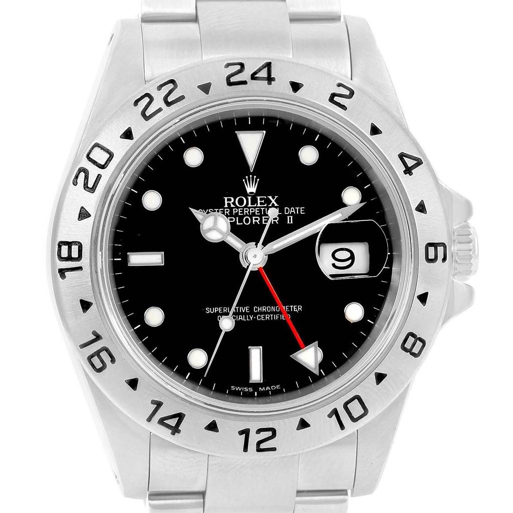 This image shows a front view of the Rolex Explorer 16570 Men
s Stainless Steel Black Dial 16570 Men
s Stainless Steel Black Dial watch, displaying the face, bezel, and part of the bracelet.