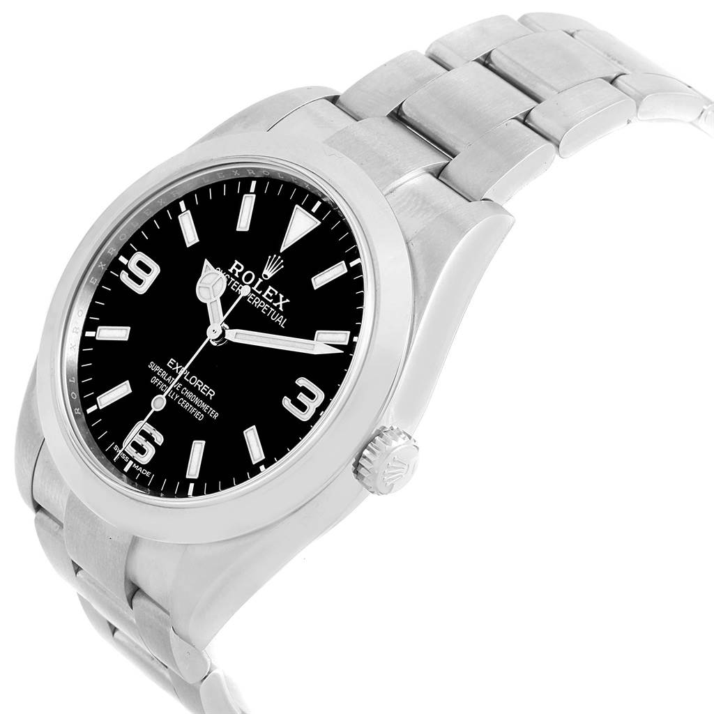 The image shows a Rolex Explorer 214270 Men's Stainless Steel Black Dial 214270 Men's Stainless Steel Black Dial watch at a three-quarters angle, highlighting the dial, case, bracelet, and crown.