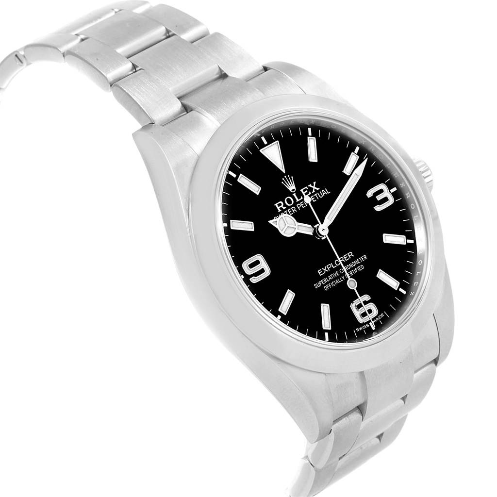 The image shows a Rolex Explorer 214270 Men's Stainless Steel Black Dial 214270 Men's Stainless Steel Black Dial watch, viewed at a diagonal angle displaying the face and a portion of the bracelet.