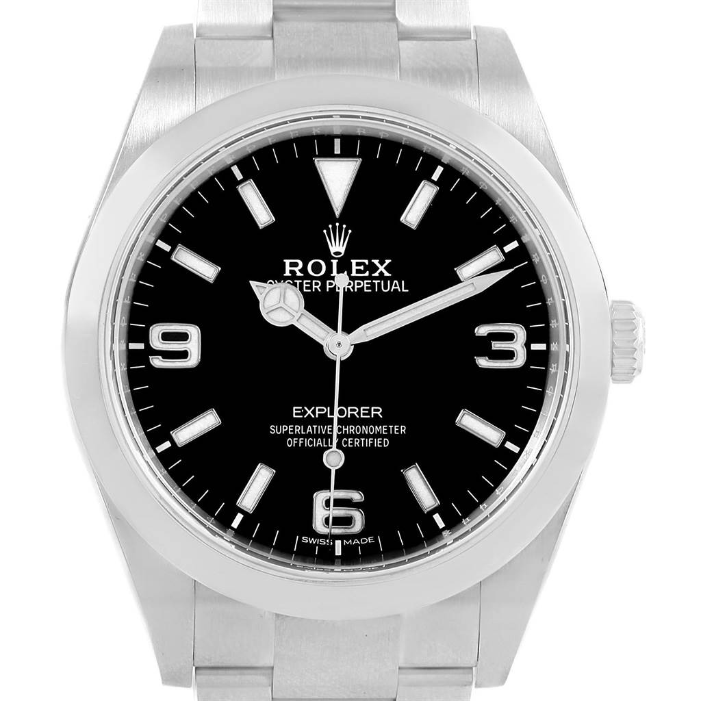 The image shows a front view of a Rolex Explorer 214270 Men's Stainless Steel Black Dial 214270 Men's Stainless Steel Black Dial watch, highlighting its black dial, silver hands, and bracelet.