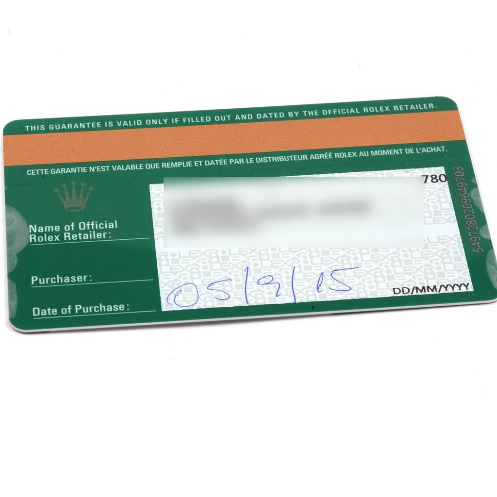 The image shows a warranty card for the Rolex Explorer 216570 Men
s Stainless Steel White Dial 216570 Men
s Stainless Steel White Dial model, displaying retailer information, date of purchase, and other details.