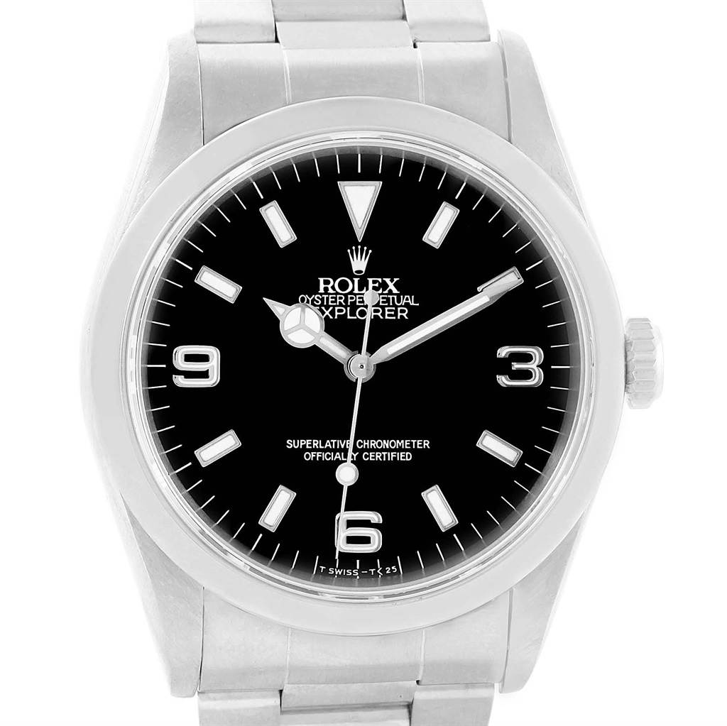 The image shows a frontal view of the Rolex Explorer 14270 Men
s Stainless Steel Black Dial 14270 Men
s Stainless Steel Black Dial watch, highlighting the dial, bezel, and a portion of the bracelet.