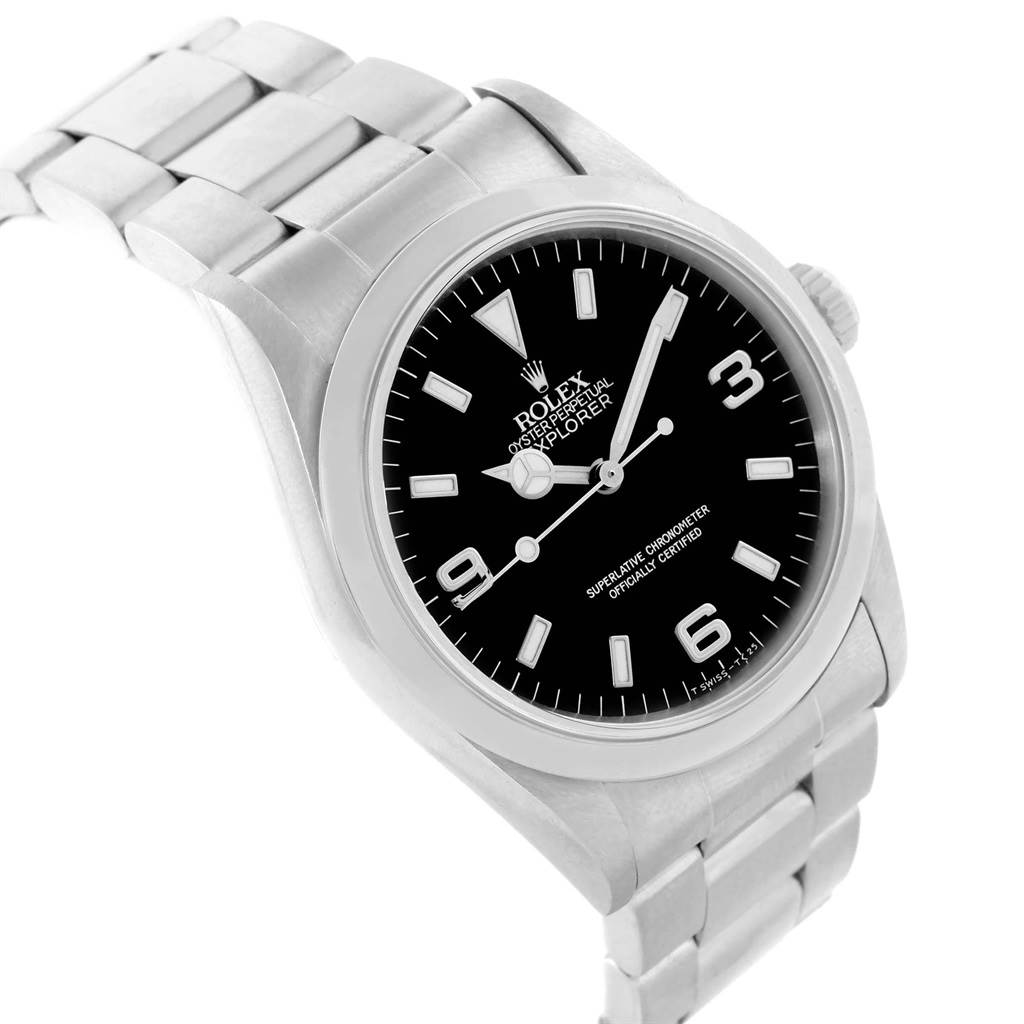 The image shows a Rolex Explorer 14270 Men
s Stainless Steel Black Dial 14270 Men
s Stainless Steel Black Dial watch at an oblique angle, displaying its black dial, stainless steel case, and bracelet.