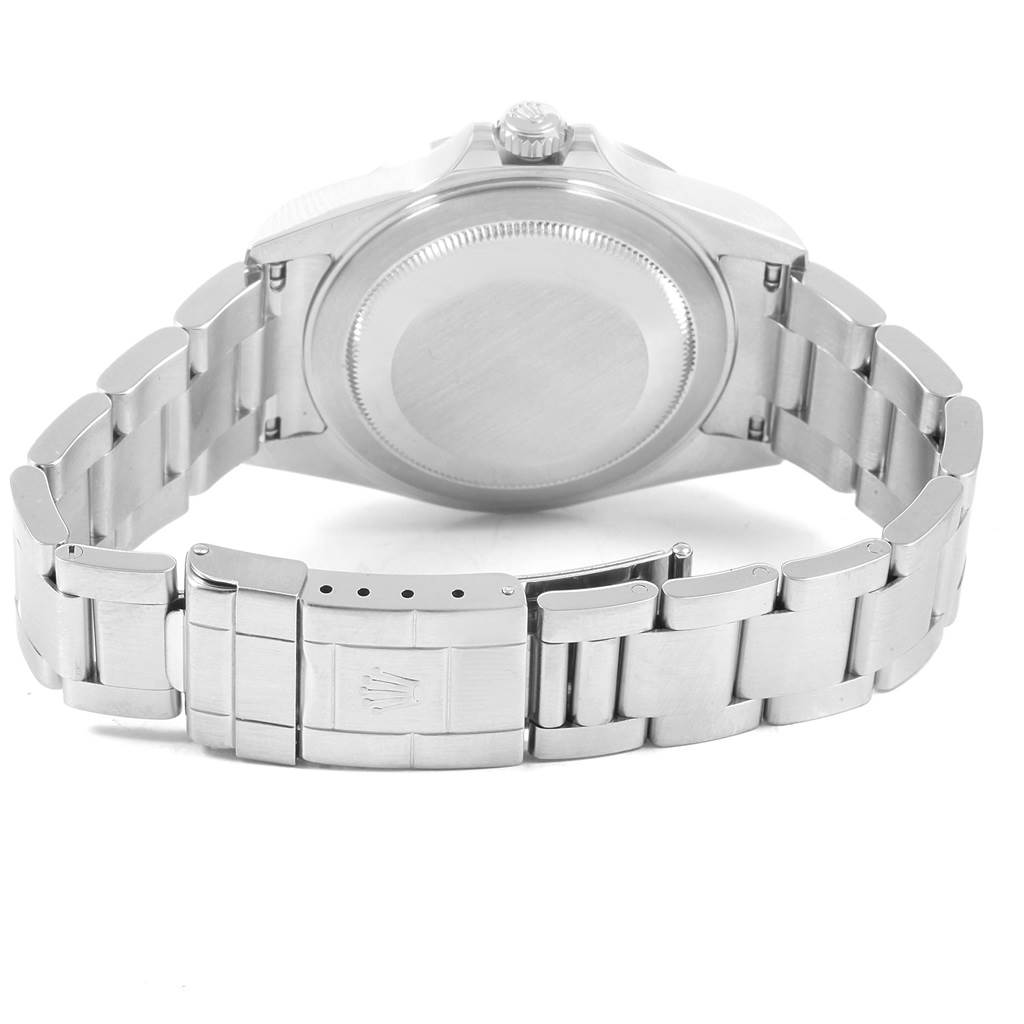 This image shows the back and the bracelet of the Rolex Explorer 16570 Men's Stainless Steel White Dial 16570 Men's Stainless Steel White Dial watch, featuring its clasp and closed case back.