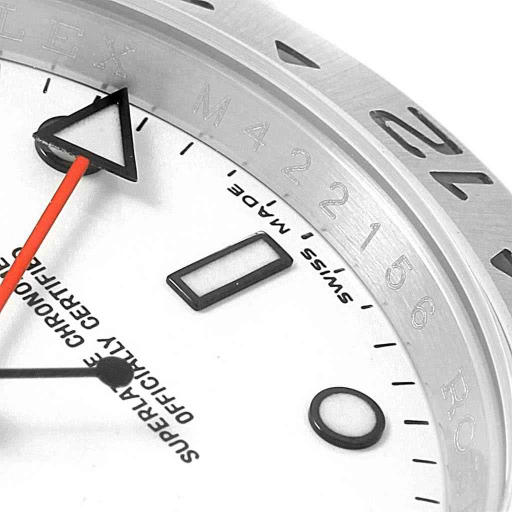 The image shows a close-up angle of the dial, bezel, and hands of a Rolex Explorer 16570 Men's Stainless Steel White Dial 16570 Men's Stainless Steel White Dial watch.