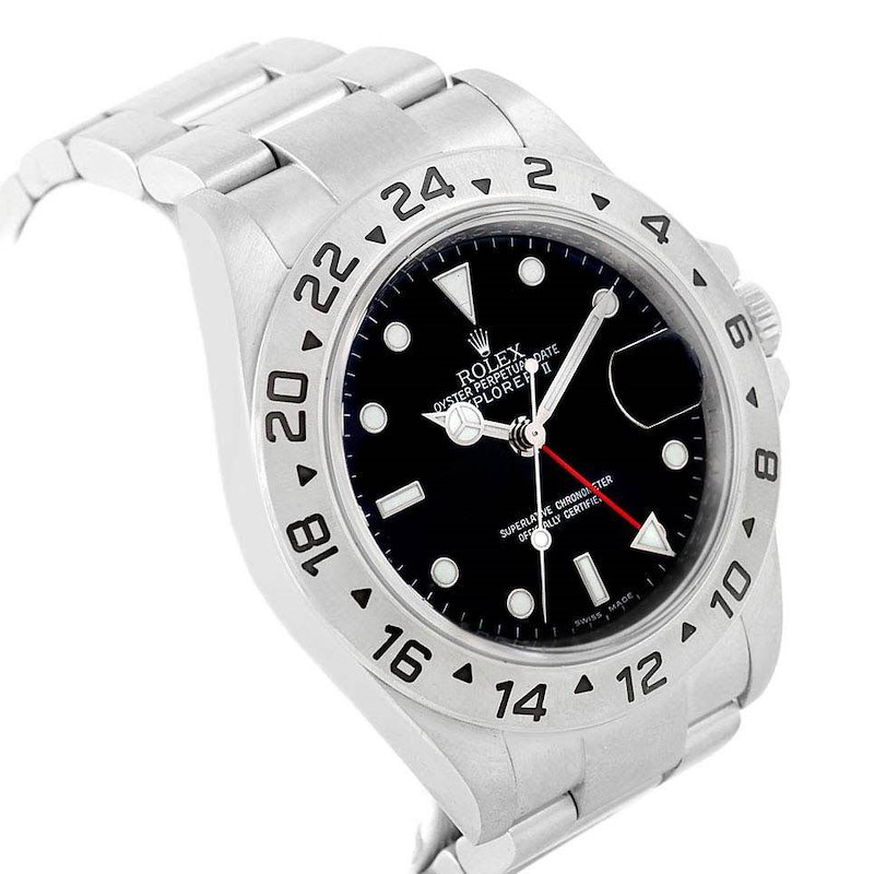 This image shows a side-angle view of a Rolex Explorer watch, highlighting its bezel, dial, and bracelet.