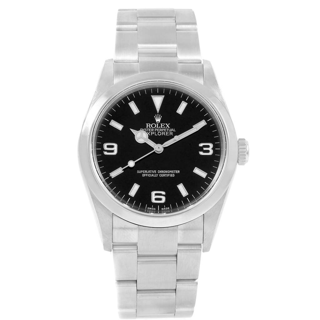 The image shows a frontal view of the Rolex Explorer 114270 Men's Stainless Steel Black Dial 114270 Men's Stainless Steel Black Dial watch, featuring its black dial, stainless steel case, and bracelet.