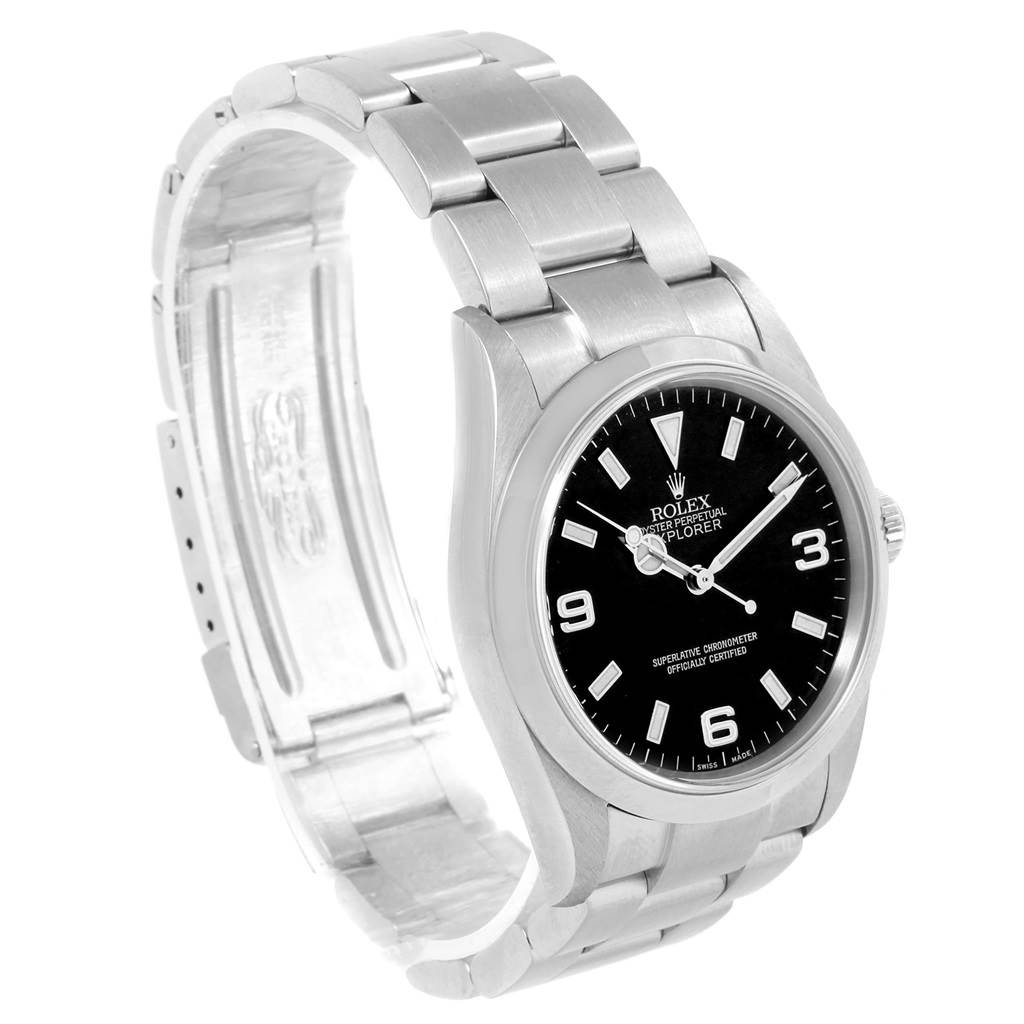 The Rolex Explorer 114270 Men's Stainless Steel Black Dial 114270 Men's Stainless Steel Black Dial watch is shown at an oblique angle, highlighting the black dial, silver bezel, and stainless steel bracelet.