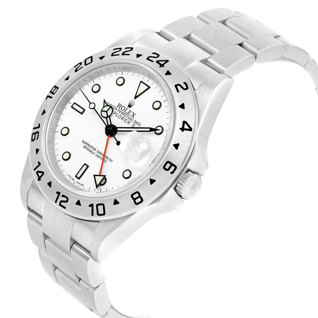 The image shows a side view of the Rolex Explorer 16570 Men
s Stainless Steel White Dial 16570 Men
s Stainless Steel White Dial watch, highlighting the dial, bezel, crown, and bracelet.