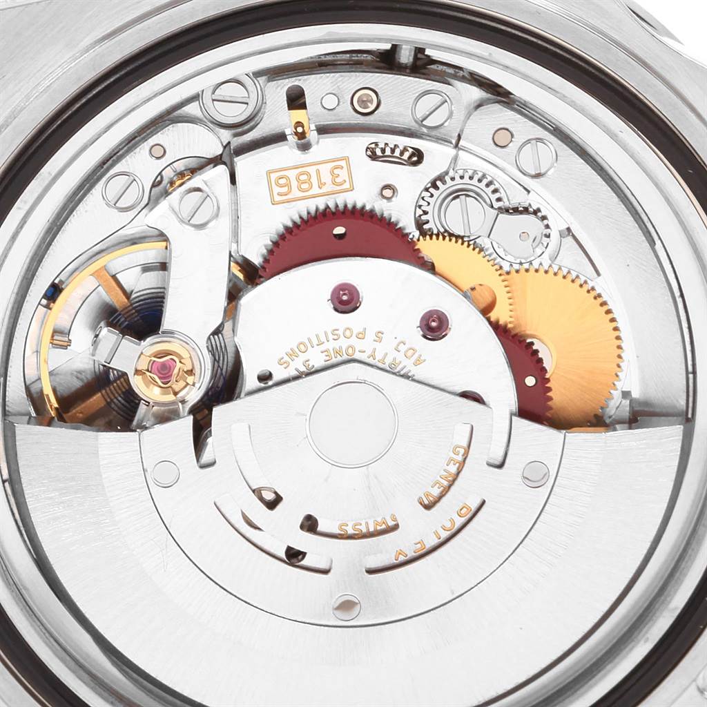 This close-up image shows the intricate movement and inner mechanics of the Rolex Explorer 16570 Men
s Stainless Steel White Dial 16570 Men
s Stainless Steel White Dial watch model.