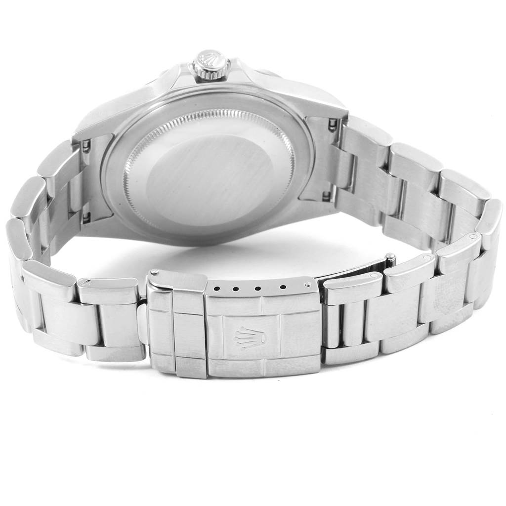 This image shows the back view of a Rolex Explorer 16570 Men
s Stainless Steel White Dial 16570 Men
s Stainless Steel White Dial watch, highlighting the bracelet and clasp.