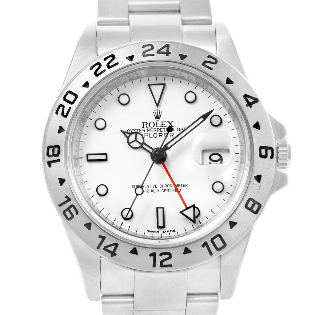 The image shows a front view of a Rolex Explorer 16570 Men
s Stainless Steel White Dial 16570 Men
s Stainless Steel White Dial watch, highlighting the dial, bezel, and bracelet.