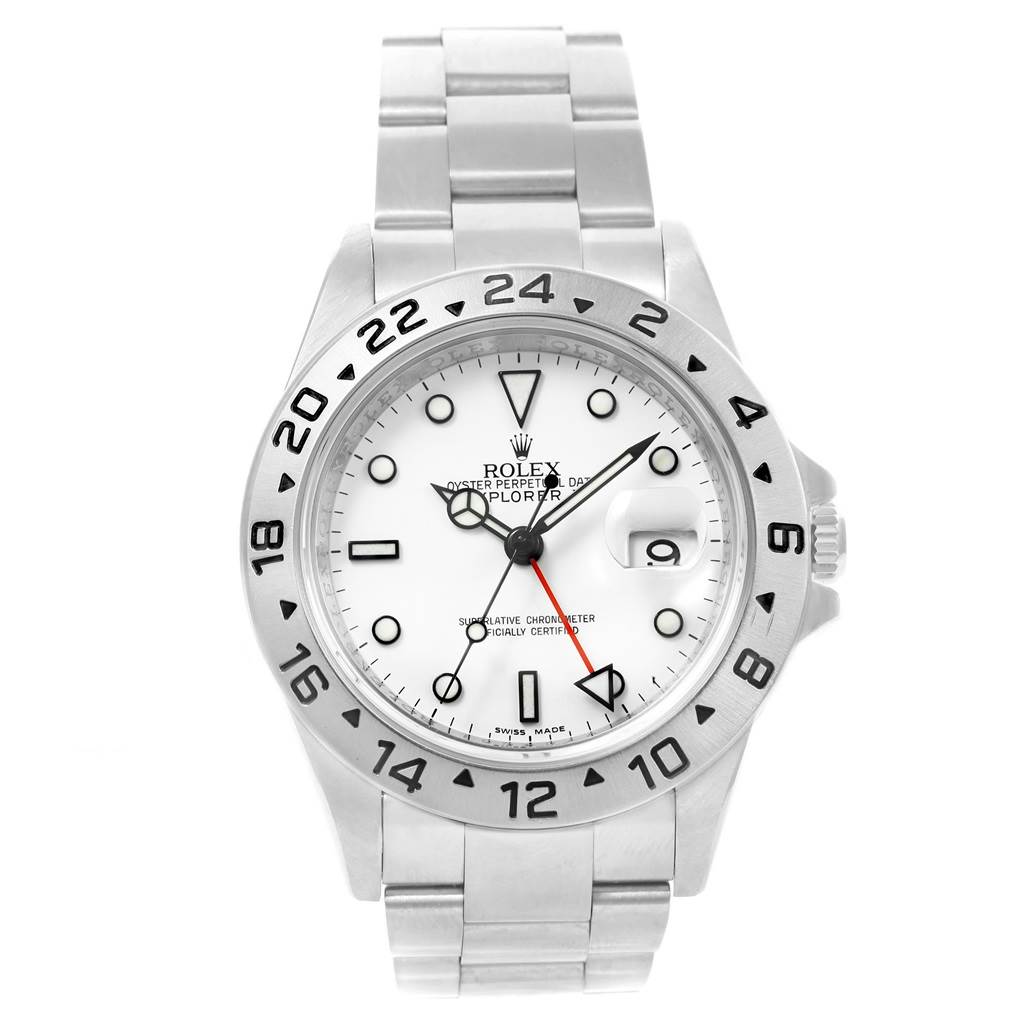 The Rolex Explorer 16570 Men
s Stainless Steel White Dial 16570 Men
s Stainless Steel White Dial model watch is shown from a front view, displaying the face, bezel, and bracelet.