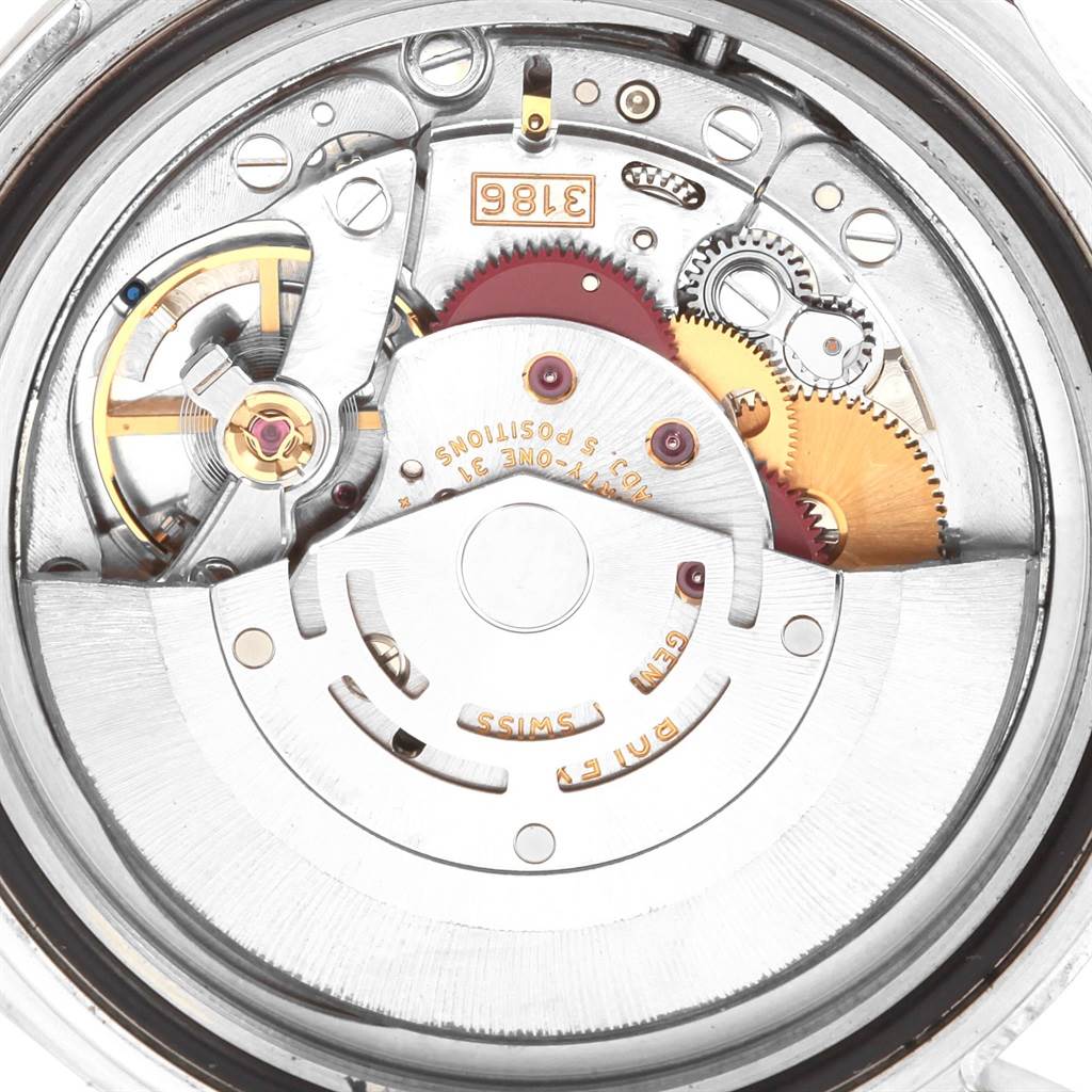 The image shows the internal mechanism of a Rolex Explorer 16570 Men's Stainless Steel White Dial 16570 Men's Stainless Steel White Dial watch, viewed from the back.