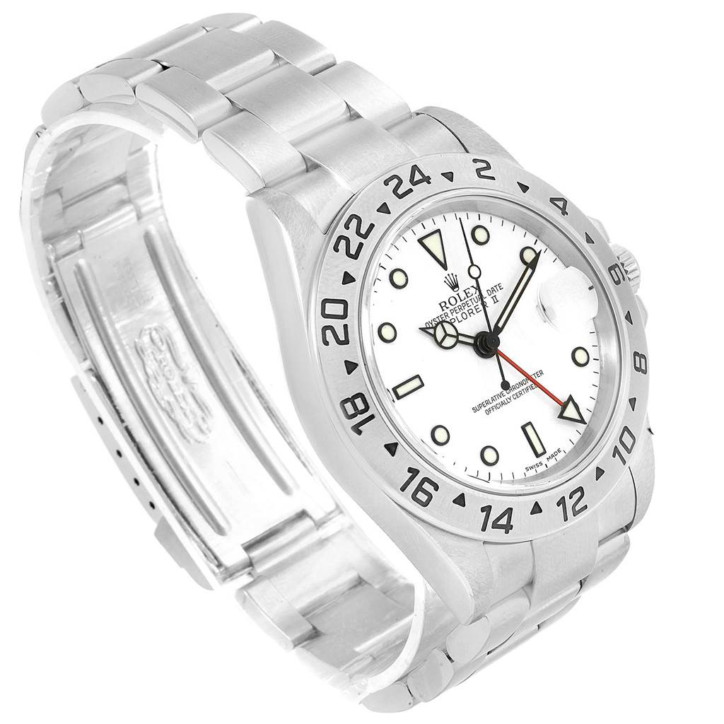 The Rolex Explorer 16570 Men's Stainless Steel White Dial 16570 Men's Stainless Steel White Dial watch is shown at a three-quarter angle, highlighting its face, bezel, and bracelet.