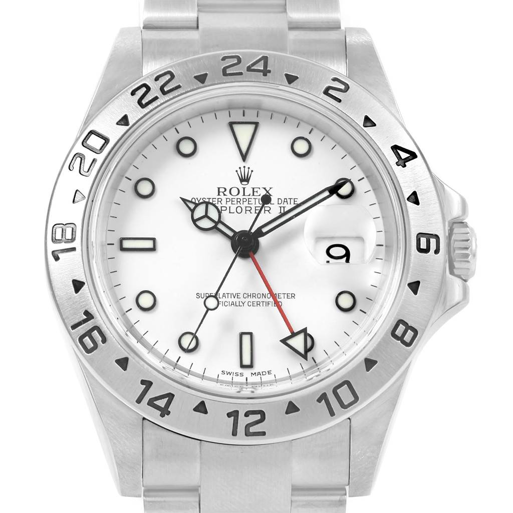The Rolex Explorer 16570 Men's Stainless Steel White Dial 16570 Men's Stainless Steel White Dial watch is shown from a front angle, highlighting the dial, bezel, hands, and part of the bracelet.