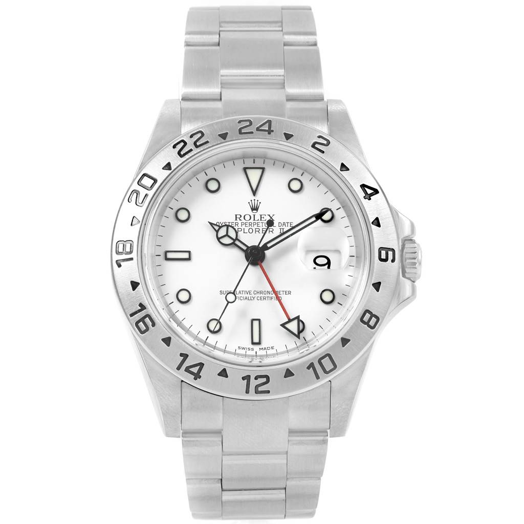 The image shows a front view of a Rolex Explorer 16570 Men's Stainless Steel White Dial 16570 Men's Stainless Steel White Dial watch, highlighting the dial, bezel, bracelet, and crown.