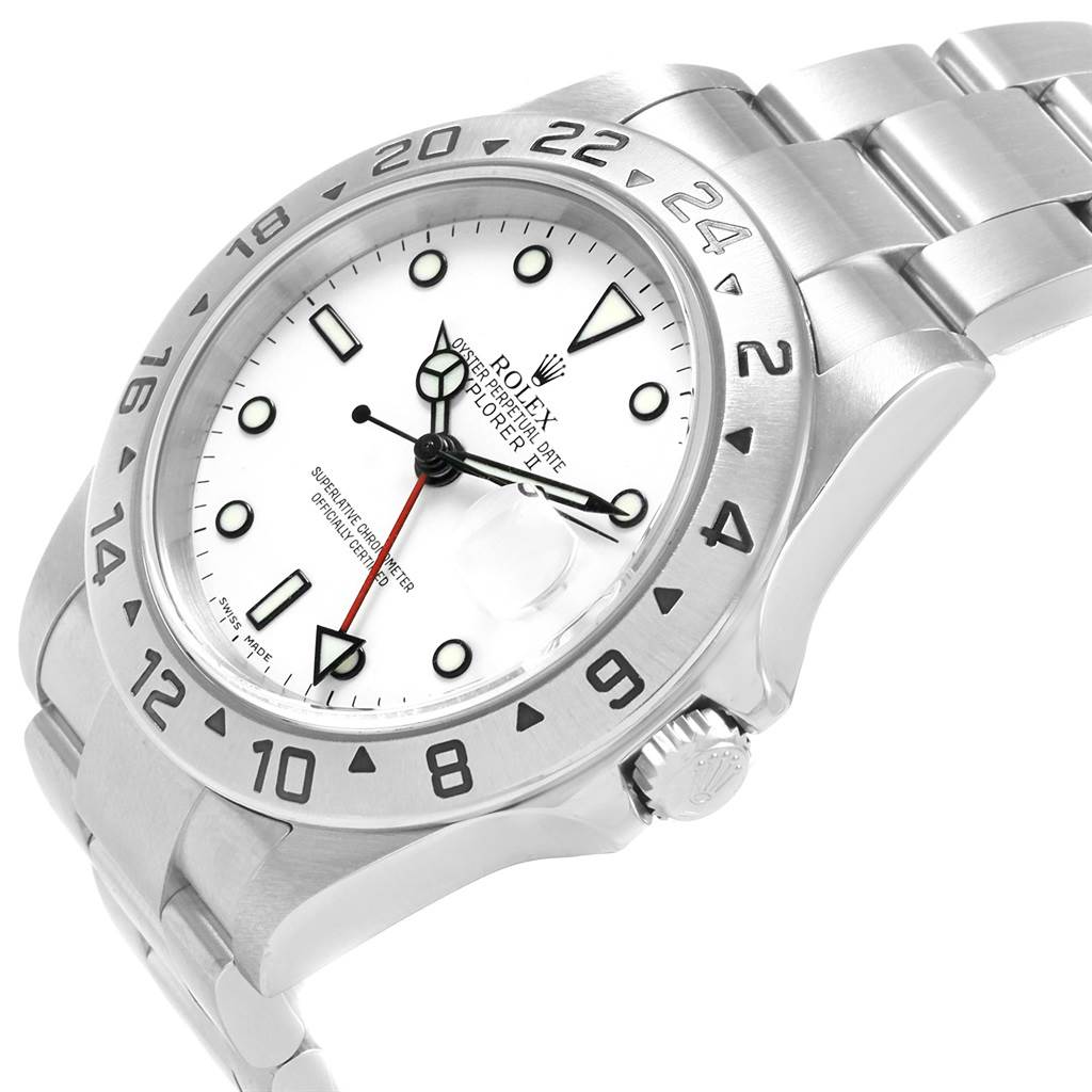 The image shows a Rolex Explorer 16570 Men's Stainless Steel White Dial 16570 Men's Stainless Steel White Dial watch angled slightly to highlight the face, bezel, and part of the bracelet.