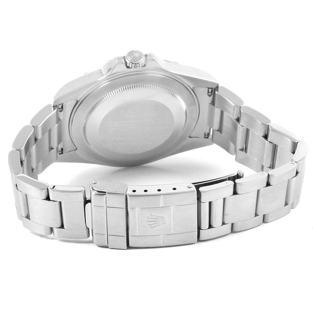 The image shows the back of a Rolex Explorer 16570 Men's Stainless Steel White Dial 16570 Men's Stainless Steel White Dial watch, featuring the case back, crown, and bracelet with a clasp.