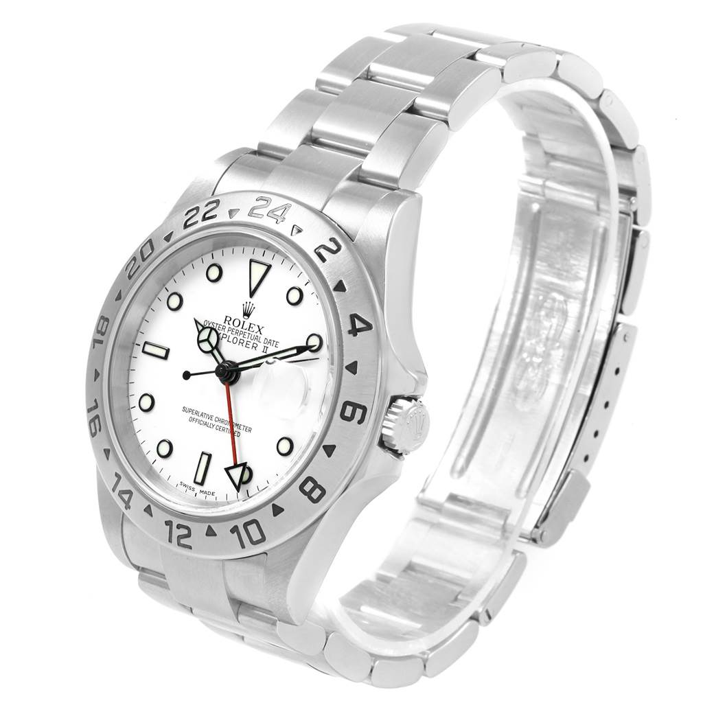The image shows a Rolex Explorer 16570 Men's Stainless Steel White Dial 16570 Men's Stainless Steel White Dial watch at an angle, highlighting its face, bezel, crown, and bracelet.