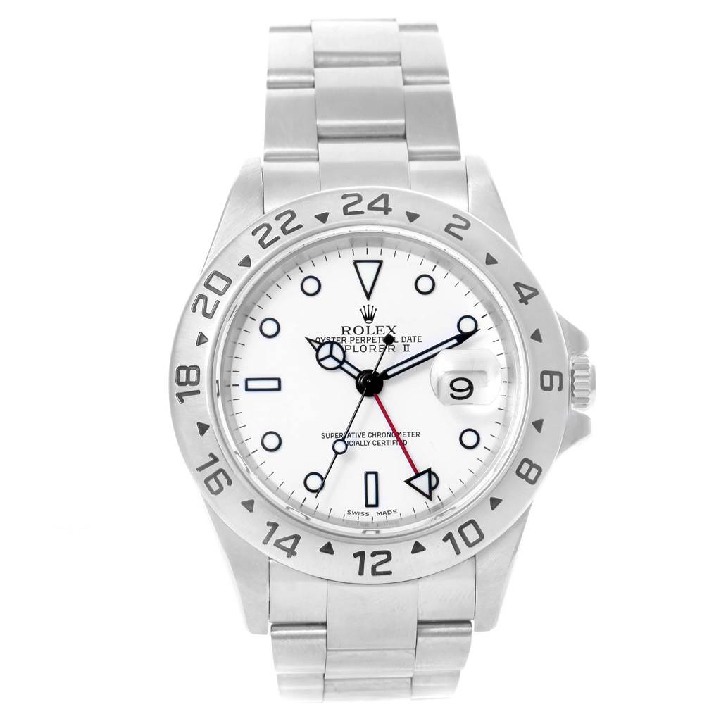 This Rolex Explorer 16570 Men's Stainless Steel White Dial 16570 Men's Stainless Steel White Dial watch is shown from a front angle, highlighting the face, bezel, and bracelet.