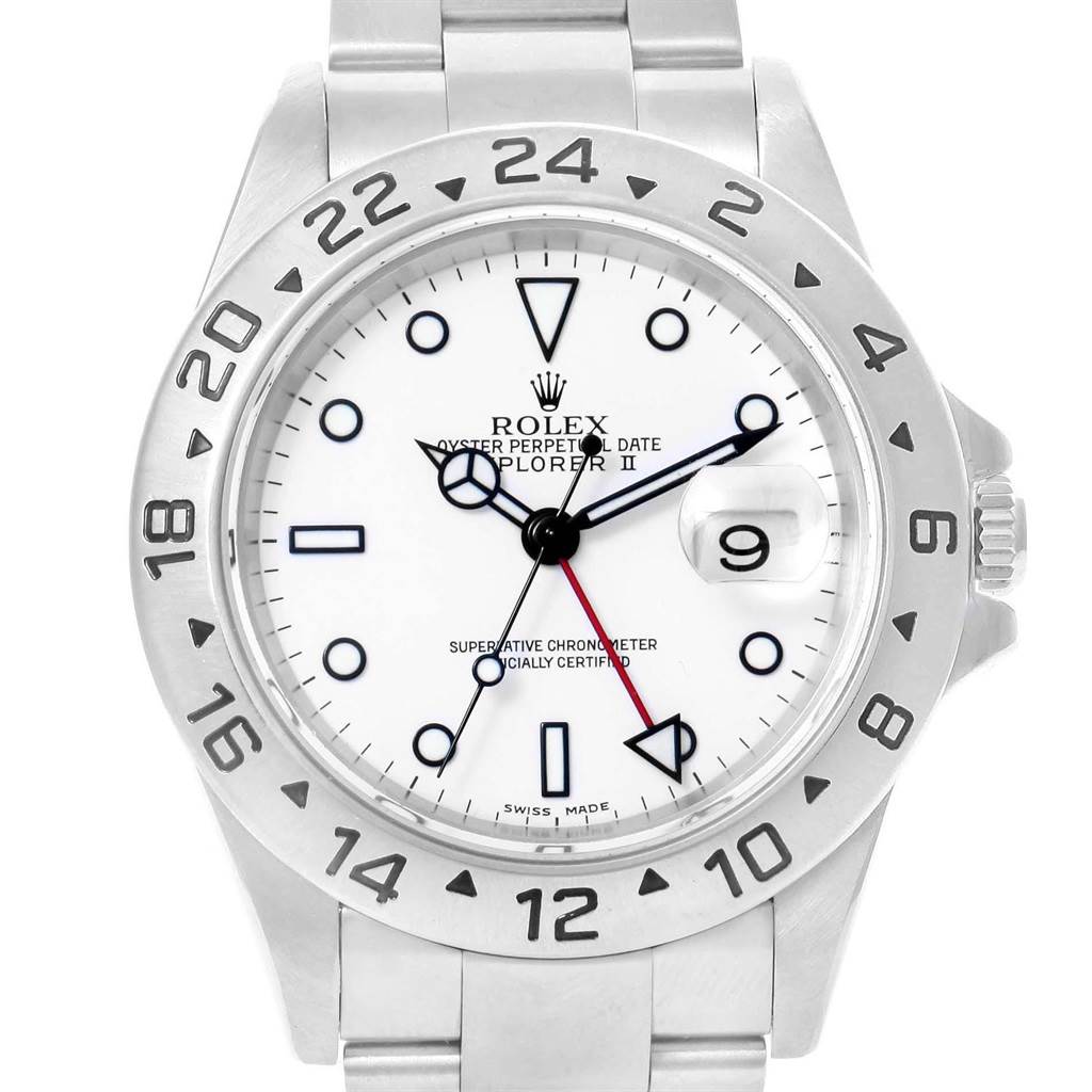 The image shows a front view of a Rolex Explorer 16570 Men's Stainless Steel White Dial 16570 Men's Stainless Steel White Dial watch, highlighting its white dial, date window, and stainless steel bracelet.