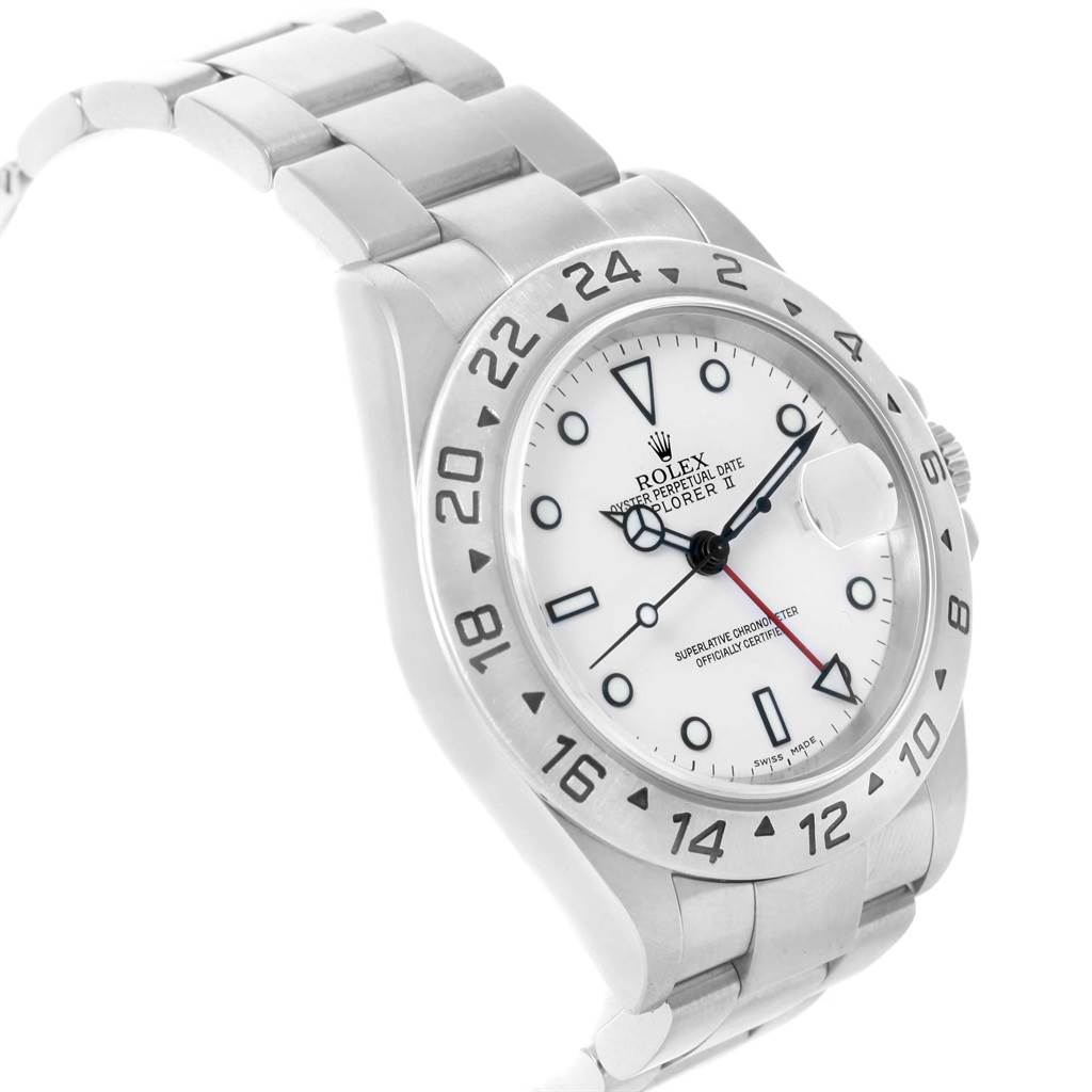 This image shows a Rolex Explorer 16570 Men's Stainless Steel White Dial 16570 Men's Stainless Steel White Dial watch at an angled view, highlighting the case, bezel, dial, and band.