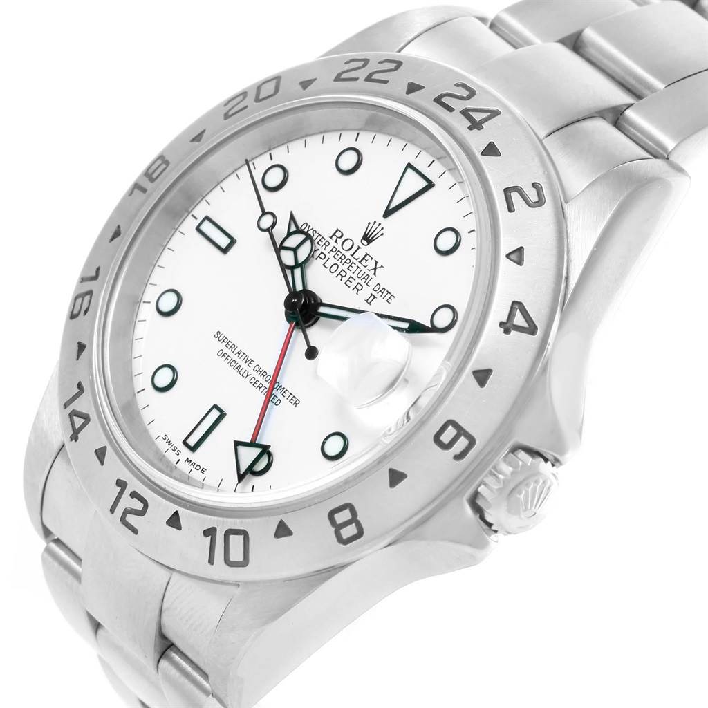 The Rolex Explorer 16570 Men's Stainless Steel White Dial 16570 Men's Stainless Steel White Dial watch is shown at a slight angle, displaying the crown, bezel, dial, and part of the bracelet.