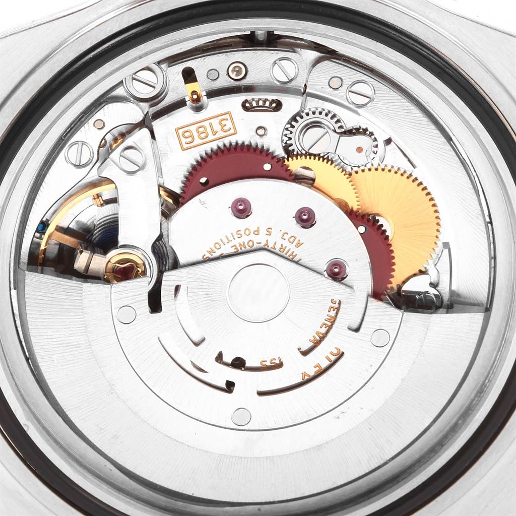 The image shows a detailed view of the internal movement mechanism of a Rolex Explorer 16570 Men's Stainless Steel Black Dial 16570 Men's Stainless Steel Black Dial watch.