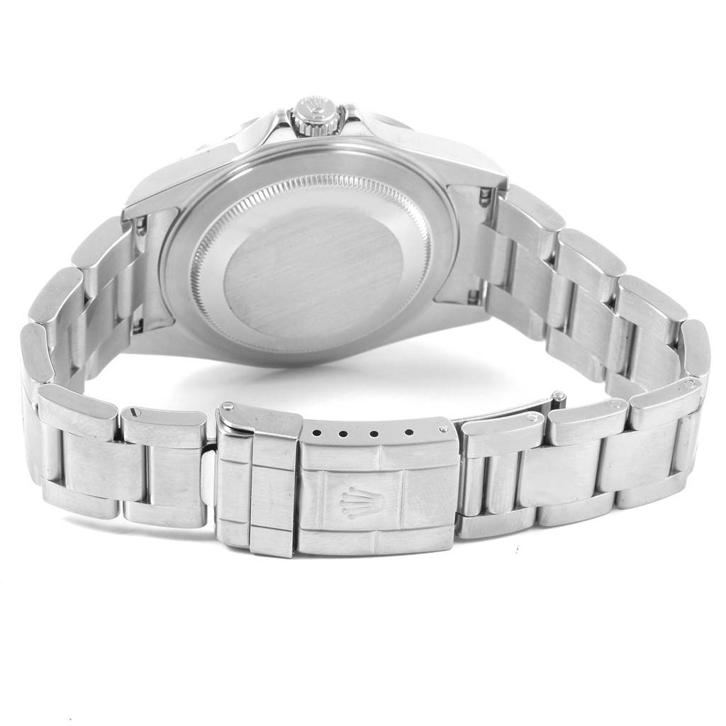 This Rolex Explorer 16570 Men's Stainless Steel Black Dial 16570 Men's Stainless Steel Black Dial watch is shown from the back, highlighting the case, crown, clasp, and bracelet.