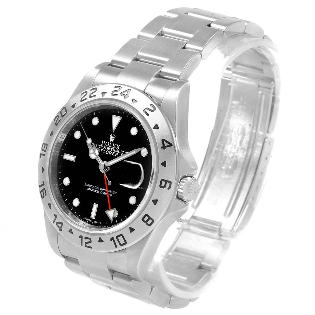 This image shows a side angle of the Rolex Explorer 16570 Men's Stainless Steel Black Dial 16570 Men's Stainless Steel Black Dial watch, highlighting its black dial, bezel, and stainless steel bracelet.