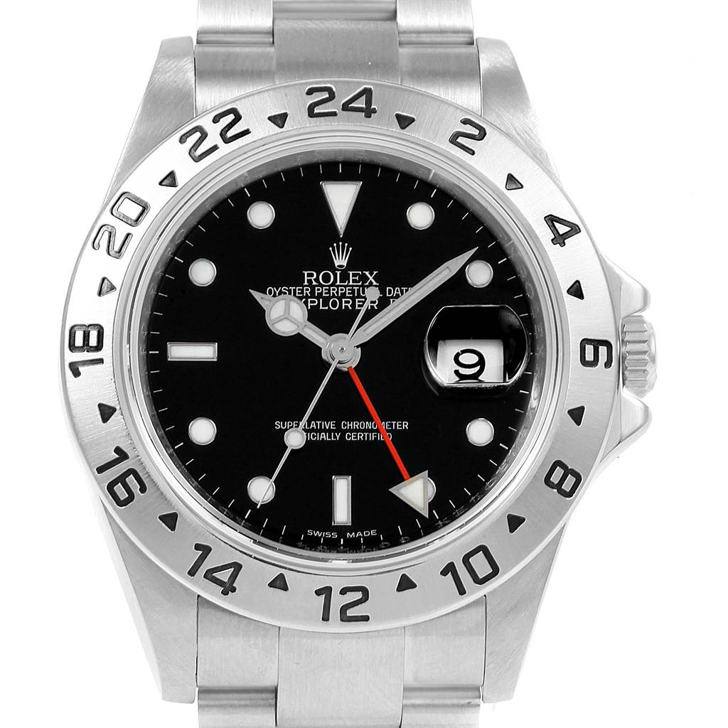 The image shows a frontal view of a Rolex Explorer 16570 Men's Stainless Steel Black Dial 16570 Men's Stainless Steel Black Dial watch, displaying the black dial, date window, and metal bracelet.
