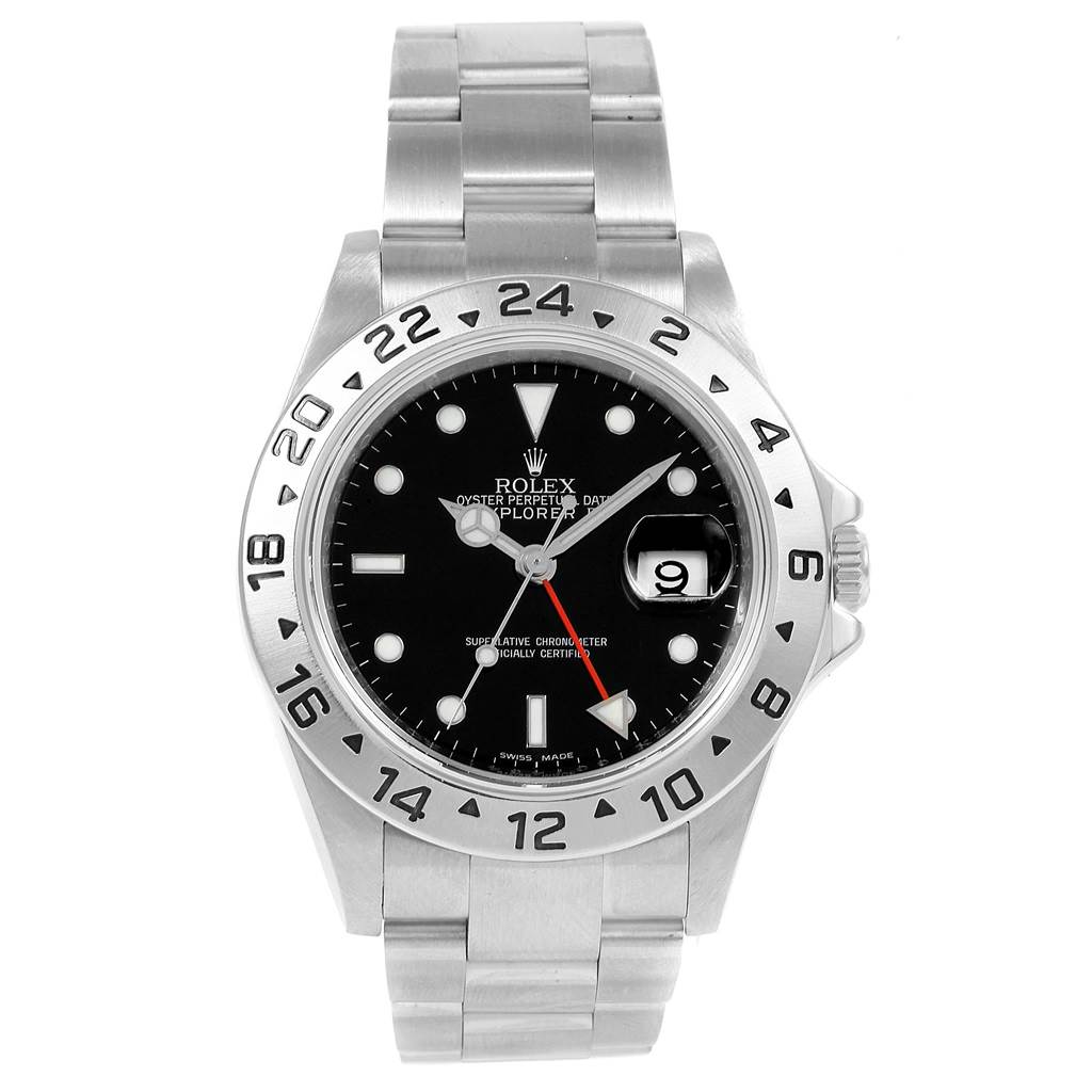 The Rolex Explorer 16570 Men's Stainless Steel Black Dial 16570 Men's Stainless Steel Black Dial watch is shown from a front angle, highlighting its dial, bezel, bracelet, and crown.
