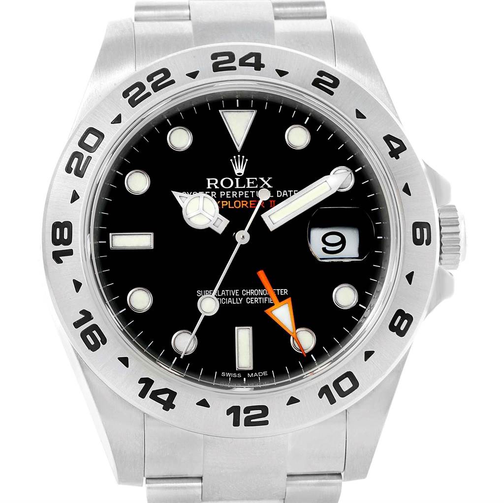 The Rolex Explorer 216570 Men's Stainless Steel Black Dial 216570 Men's Stainless Steel Black Dial watch is shown from a front angle, displaying its face, bezel, and bracelet.