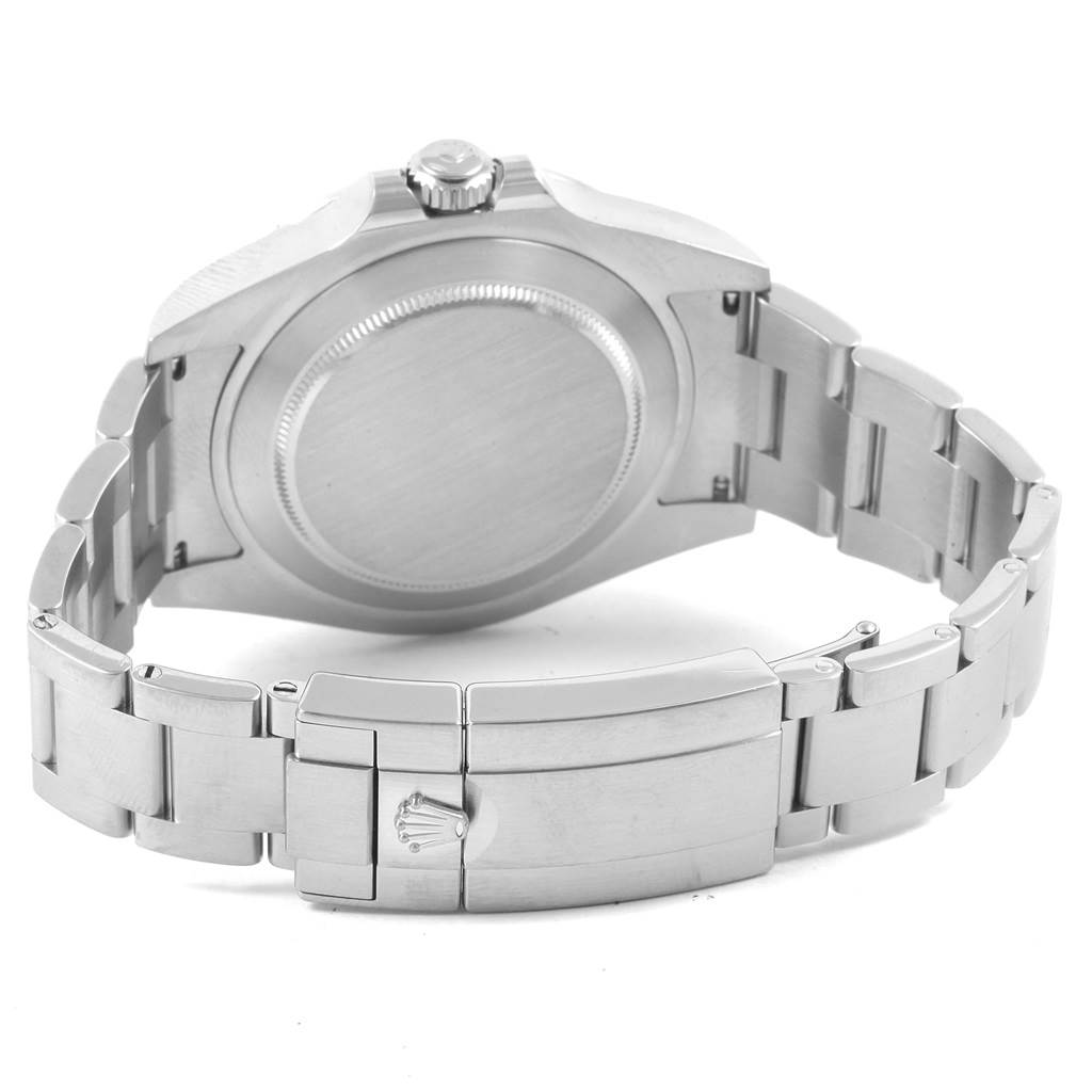 This image shows the back case, crown, and bracelet clasp of a Rolex Explorer 216570 Men's Stainless Steel Black Dial 216570 Men's Stainless Steel Black Dial watch.