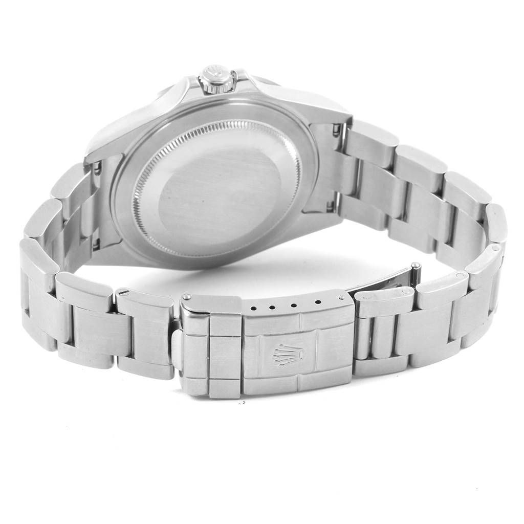 This image shows the back case, bracelet, and clasp of a Rolex Explorer 16570 Men
s Stainless Steel Black Dial 16570 Men
s Stainless Steel Black Dial watch from a rear angle.