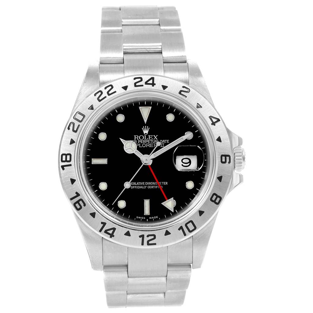 The Rolex Explorer 16570 Men
s Stainless Steel Black Dial 16570 Men
s Stainless Steel Black Dial watch is shown from a straight-on angle, showcasing its face, bezel, and metal bracelet.