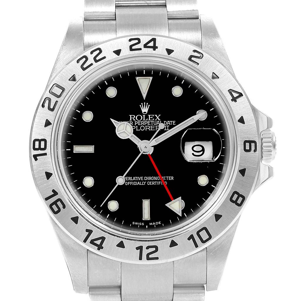 The image shows a front view of a Rolex Explorer 16570 Men
s Stainless Steel Black Dial 16570 Men
s Stainless Steel Black Dial watch, highlighting the bezel, dial, hands, and date window.
