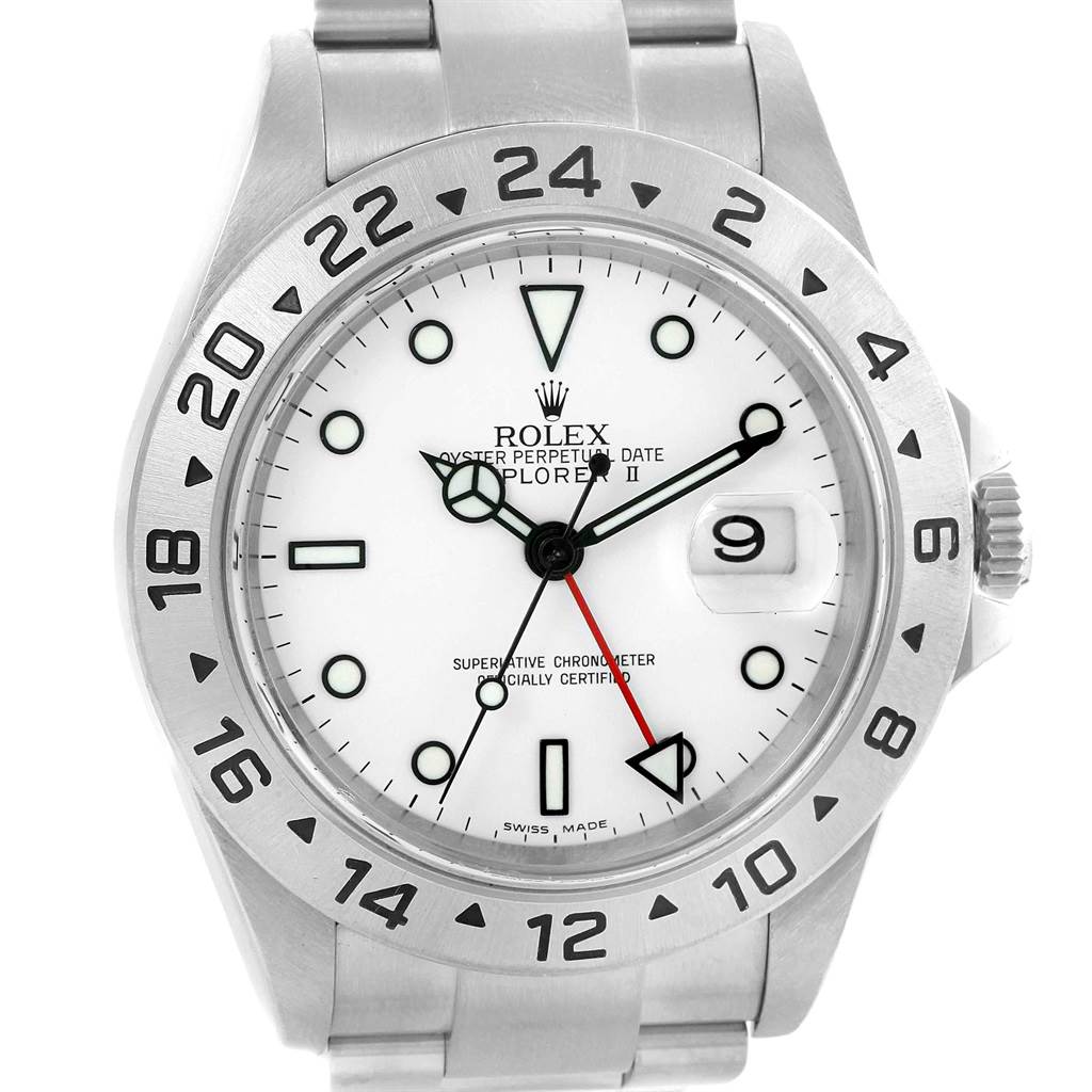 This image shows a front view of the Rolex Explorer 16570 Men
s Stainless Steel White Dial 16570 Men
s Stainless Steel White Dial watch, highlighting the dial, bezel, and part of the bracelet.