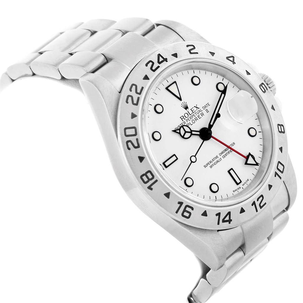 The image shows an angled view of the Rolex Explorer 16570 Men
s Stainless Steel White Dial 16570 Men
s Stainless Steel White Dial II, highlighting its bracelet, bezel, and watch face with a white dial.