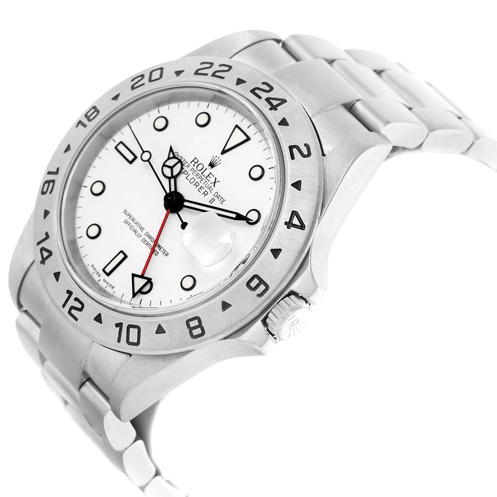 The Rolex Explorer 16570 Men
s Stainless Steel White Dial 16570 Men
s Stainless Steel White Dial model watch is shown from a side angle, showcasing the dial, bezel, case, and bracelet.