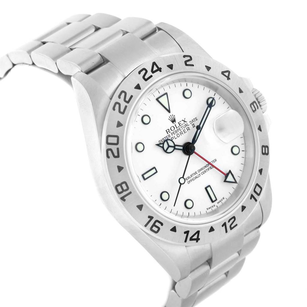 This image shows a Rolex Explorer 16570 Men's Stainless Steel White Dial 16570 Men's Stainless Steel White Dial watch angled to display the face, bezel, and part of the bracelet.