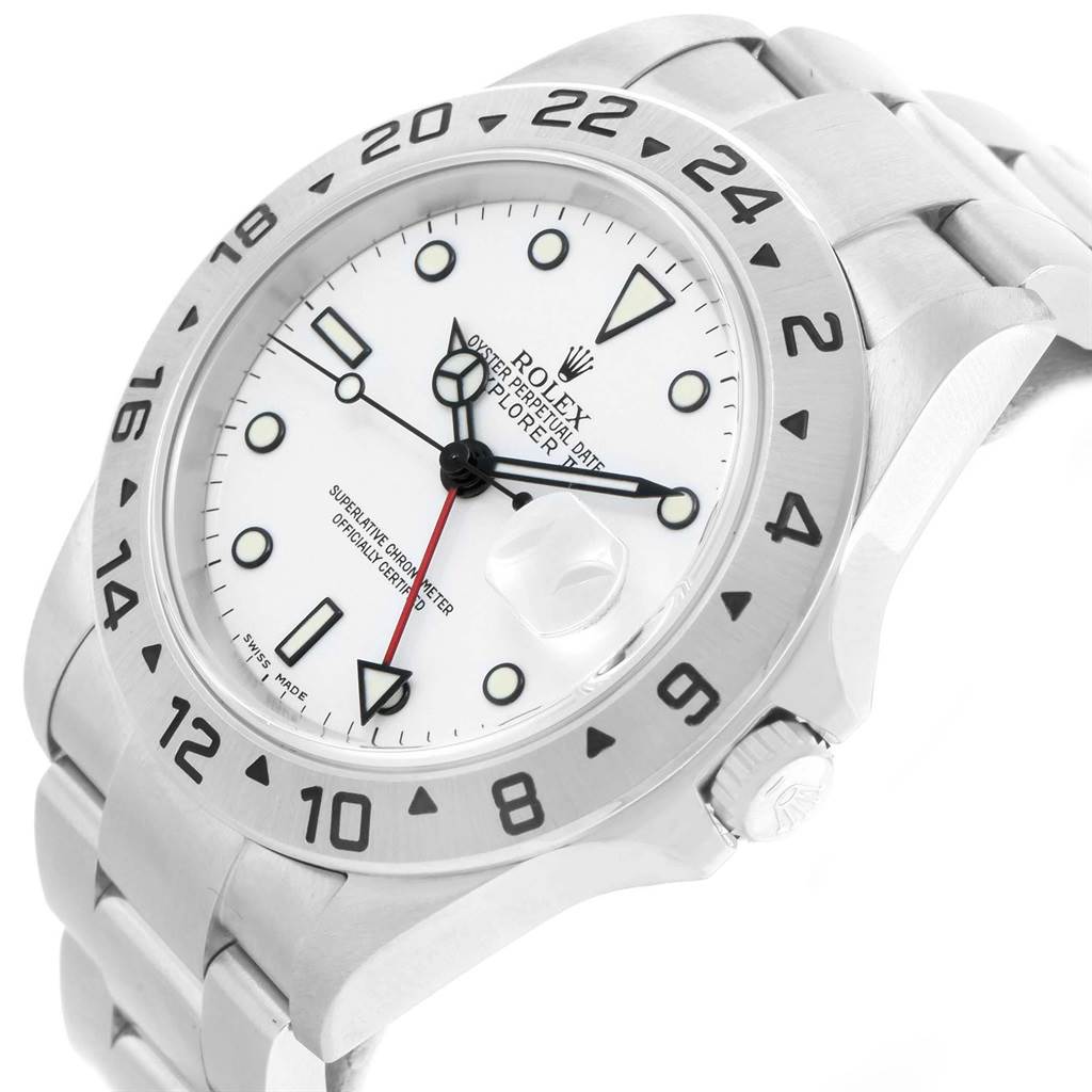 The image shows a Rolex Explorer 16570 Men's Stainless Steel White Dial 16570 Men's Stainless Steel White Dial watch from a top-side angle, highlighting the face, bezel, crown, and bracelet.