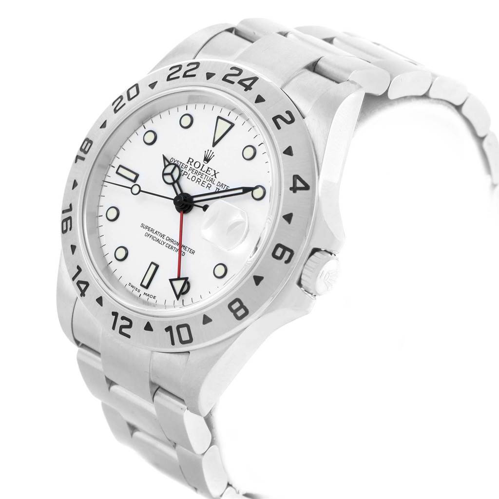 The image shows the front and right side of a Rolex Explorer 16570 Men's Stainless Steel White Dial 16570 Men's Stainless Steel White Dial watch, highlighting its bezel, dial, crown, and part of the bracelet.