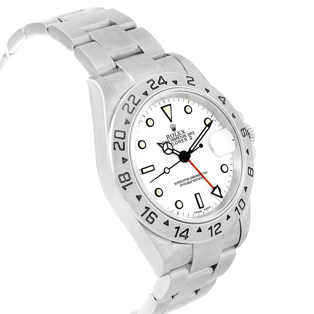 This image shows a Rolex Explorer 16570 Men's Stainless Steel White Dial 16570 Men's Stainless Steel White Dial watch from an angled side view, displaying the dial, bezel, bracelet, and crown.