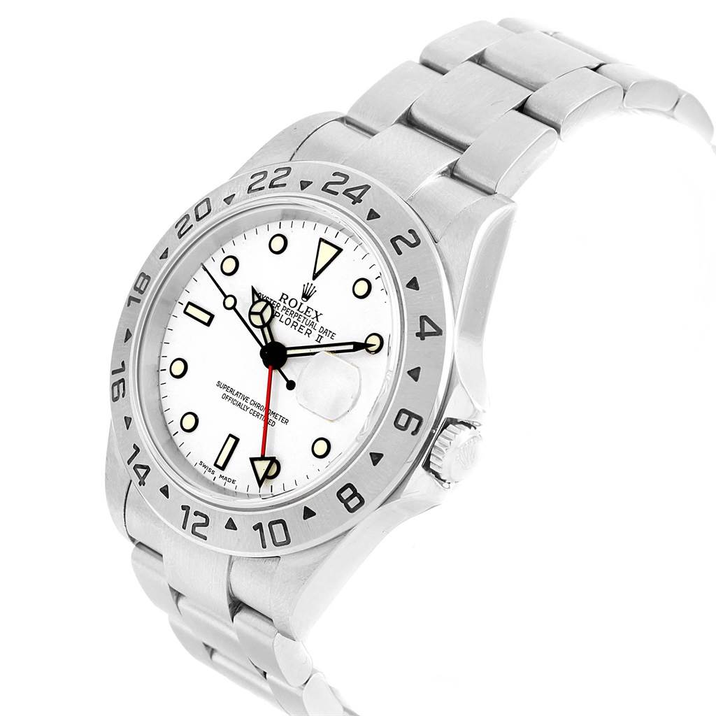 The Rolex Explorer 16570 Men's Stainless Steel White Dial 16570 Men's Stainless Steel White Dial watch is shown at a slightly angled view, highlighting its white dial, bezel, crown, and part of the bracelet.