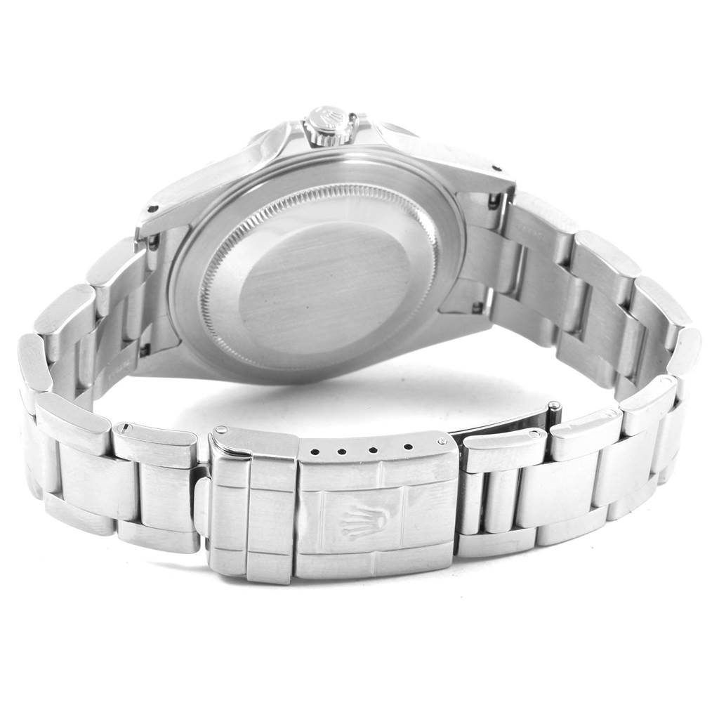 The image shows the rear angle of the Rolex Explorer 16570 Men's Stainless Steel White Dial 16570 Men's Stainless Steel White Dial watch, highlighting the case back, bracelet, and clasp.