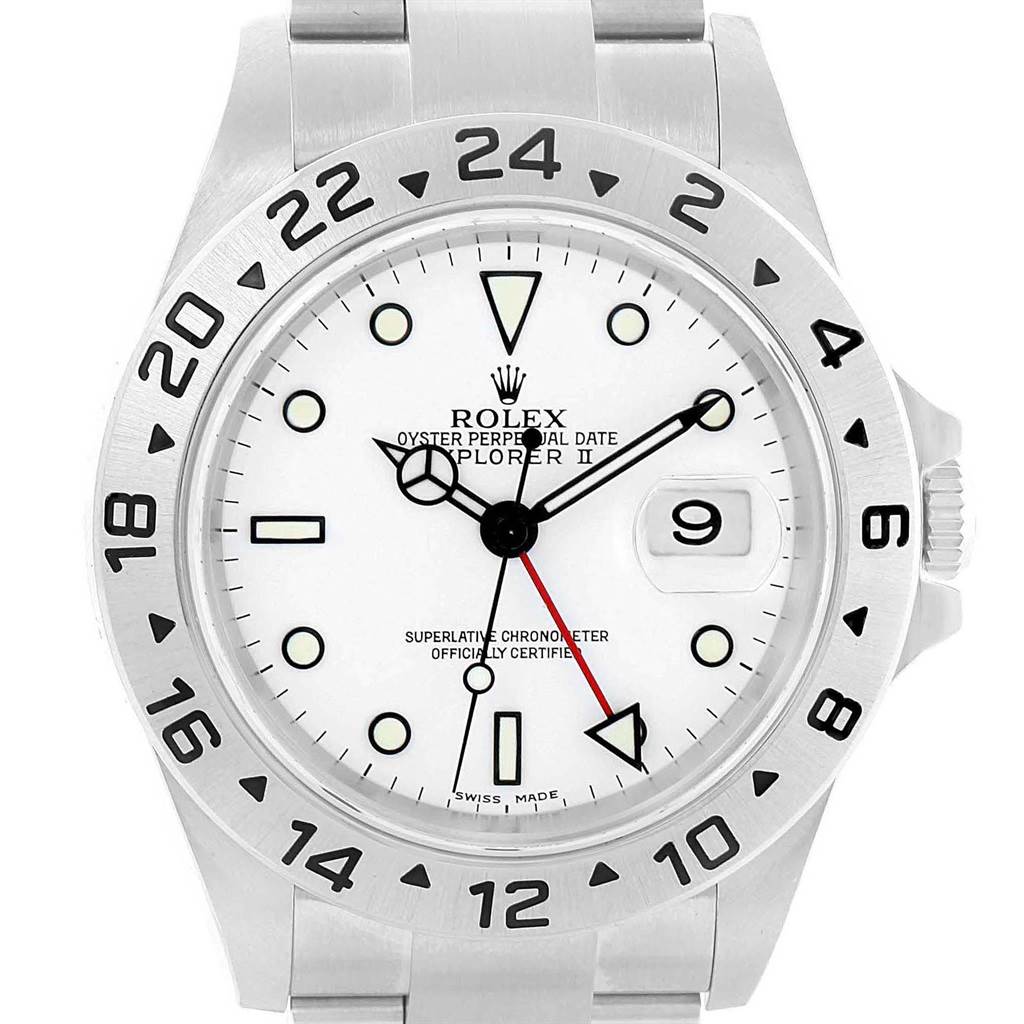 The image shows a front view of a Rolex Explorer 16570 Men's Stainless Steel White Dial 16570 Men's Stainless Steel White Dial watch, displaying the dial, hands, bezel, and part of the bracelet.