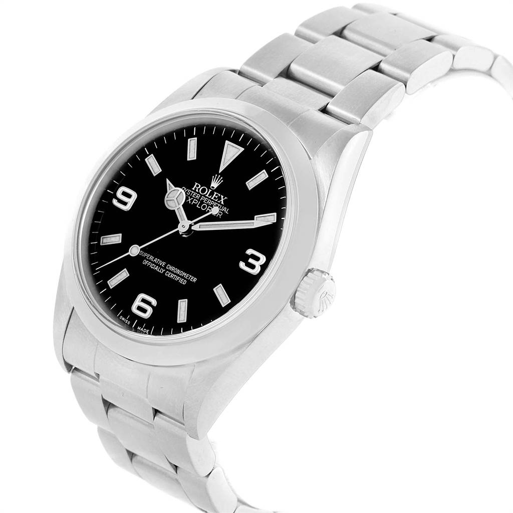 The Rolex Explorer 114270 Men's Stainless Steel Black Dial 114270 Men's Stainless Steel Black Dial watch is shown at a slight angle, displaying its face, bracelet, and side case.